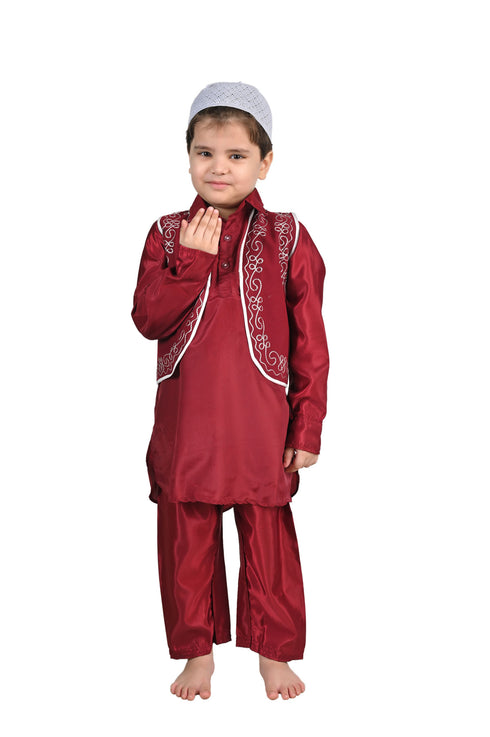 BookMYCostume Muslim Boy Red Pathani Suit with Cap Indian Fancy Dress Costume for Boys